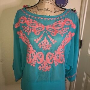 Karlie Sheer Turquoise & Embroidered in Coral Kimono Sleeve Blouse Size M